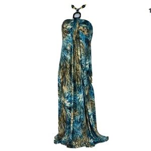 Maxi Dress Boho Sexy Halter Bead Metallic Peacock